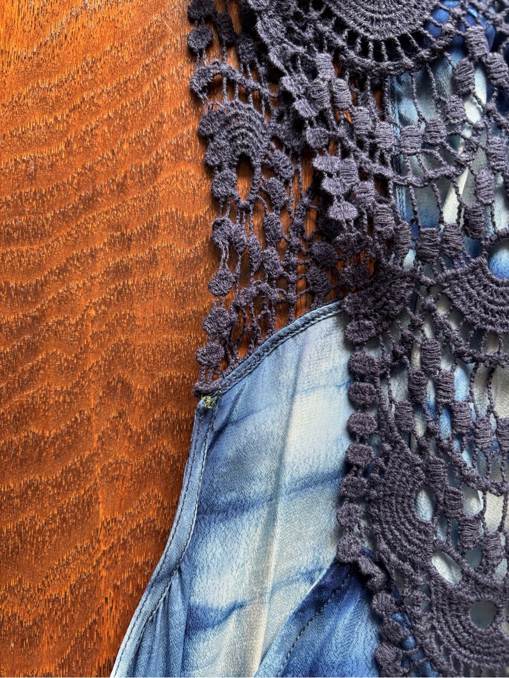 Chico's Blue Silky Tie-Dye Crochet Kimono | Size 2 | Cover Up - Picture 9 of 11